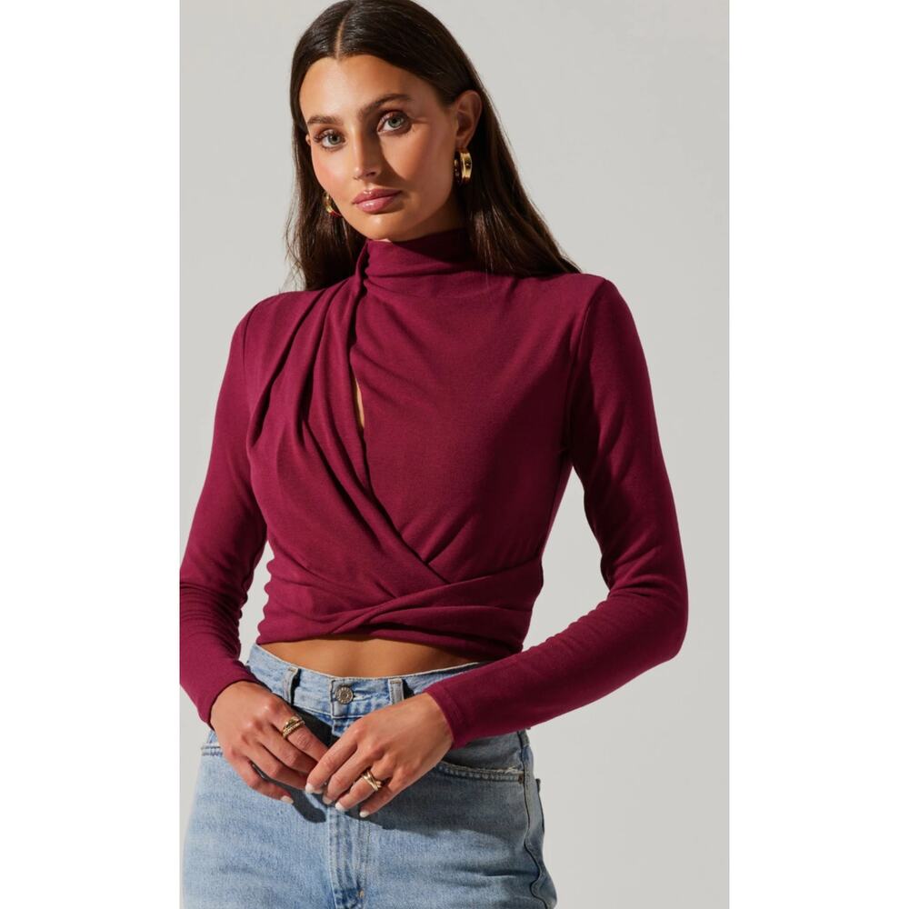 Astr Asymmetrical Pleated Cut Out Mock Neck Top Color Berry S NWT